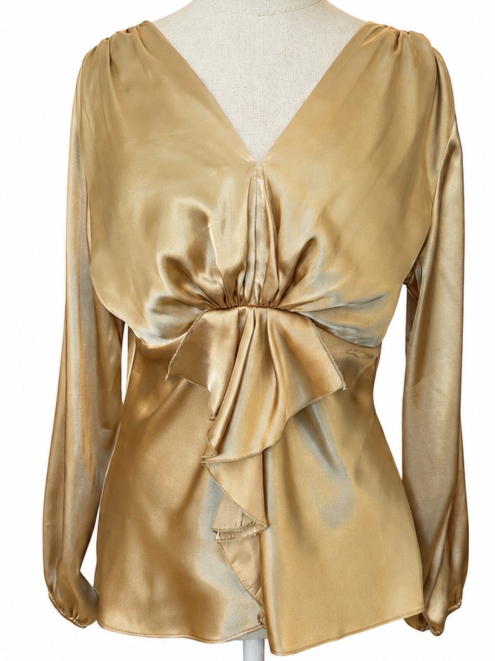 Vintage 80s Gold Satin Ruffle Blouse Party Glam Puff Sleeve Made USA Small